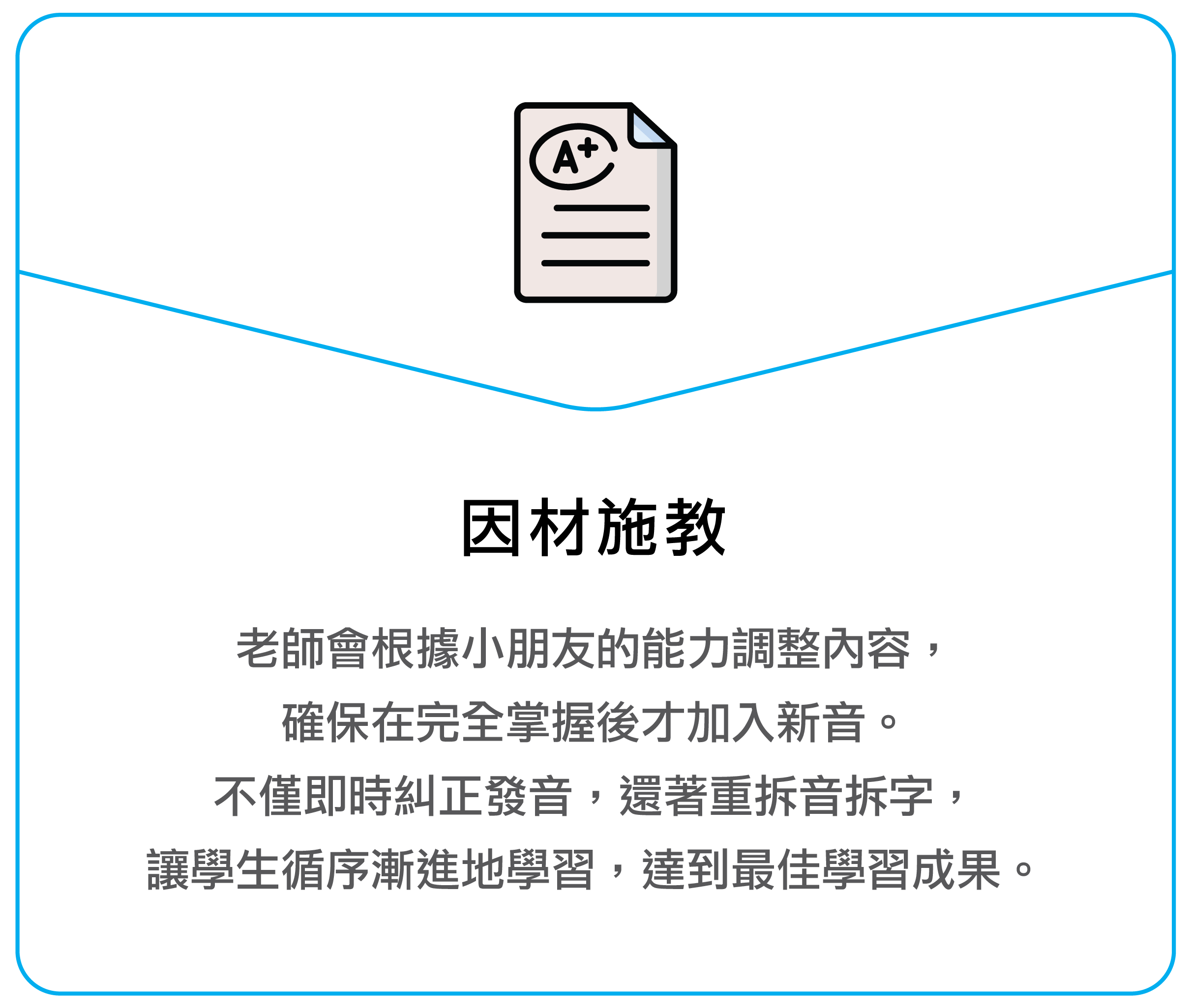 因材施教 老师会根据孩子的能力调整内容,确保在完全掌握后才加入新音。不仅即时纠正发音,还着重拆音拆字,让学生循序渐进地学习,达到最佳学习成果。